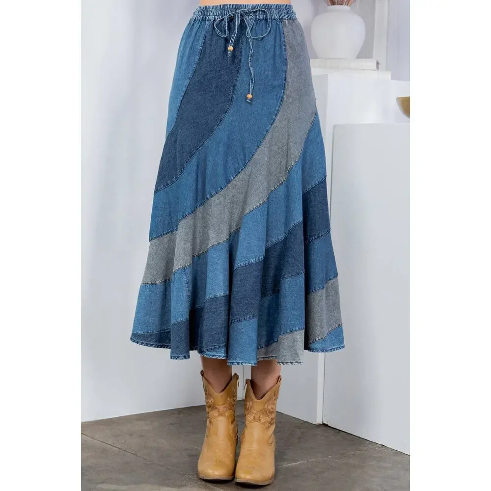 Young Threads Mid-Length Denim Skirt With Asymmetrical Panels - Picture 2 of 7